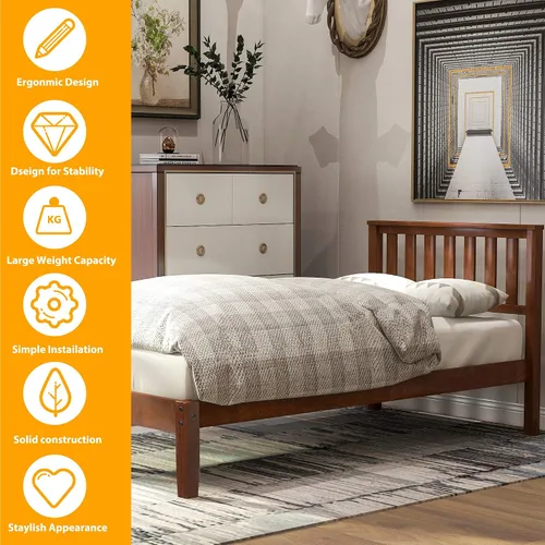 Vista 4 de MERITLINE Base de cama individual, plataforma de madera con cabecero y estribo, no necesita somier, nogal