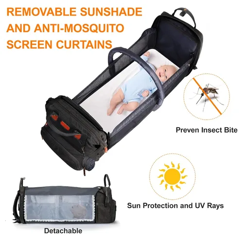 Vista 5 de Mochila para pañales, con mochila para cambiador, tela Oxford 900D, mochila para pañales de gran capacidad, mochila multifuncional 3 en 1 para Negro