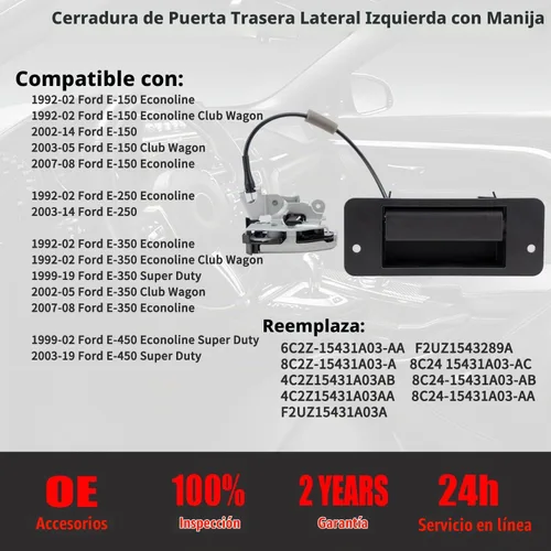 Vista 2 de Pestillo de puerta trasera con manija – Lado izquierdo del conductor – Compatible con Ford E150 E250 E350 E450 1992-2019, kit de pestillo de puerta
