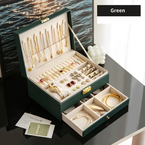 Vista 2 de GUOER Joyero para mujer, niña, esposa, grande, de piel sintética, organizador de joyas, con dos capas, para aretes, pulseras, anillos, relojes