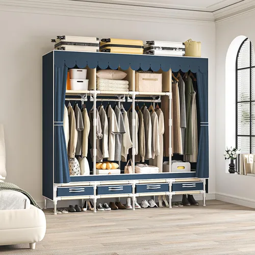 Vista 7 de Armario portátil con 4 cajones y 3 estantes, gran capacidad de 67 pulgadas, organizador colgante independiente con tapa para dormitorio, azul