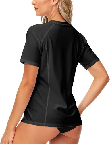 Vista 7 de AOBUTE Women Zip Rash Guard UPF 50+ Gradient Short Sleeve Swim Top Surf Shirts