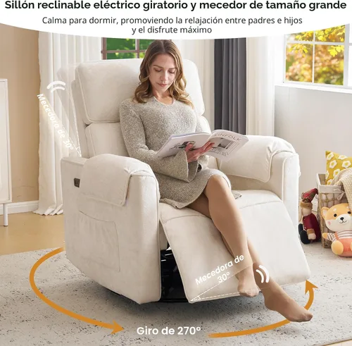 Vista 6 de Silla reclinable eléctrica extragrande, sillón basculante giratorio de 26" extra ancho con reposacabezas ajustable, silla mecedora de chenilla