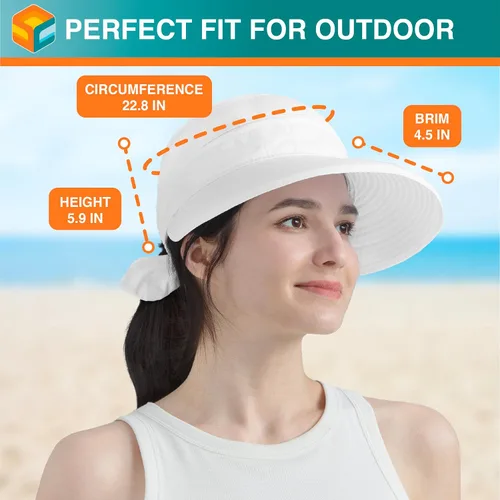 Vista 52 de SUN CUBE Sombrero de sol para mujer para protección UV al aire libre, sombrero de sol de ala ancha, cola de caballo, sombrero de playa convertible