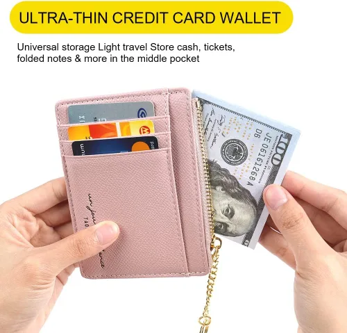 Vista 94 de URAQT Cartera para tarjetas de crédito, cartera minimalista de cuero delgado con cremallera, mini protector de tarjeta de crédito, llavero bolsillo