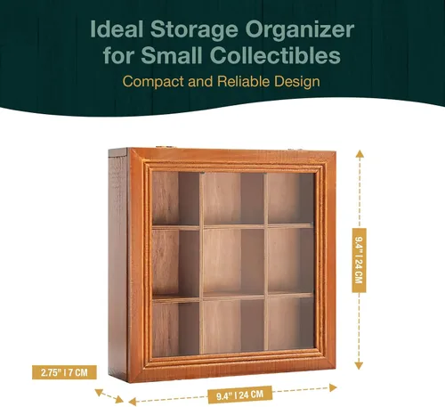 Vista 3 de Mini caja de almacenamiento de madera de 9 ranuras con estuche de acrílico transparente coleccionables, caja organizadora cuadrada de madera