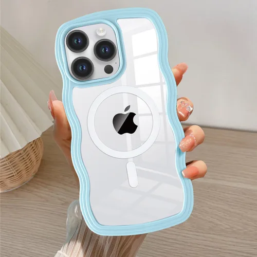 Vista 10 de QLTYPRI Funda magnética para iPhone 11 compatible con Magsafe, bonita funda transparente con marco de onda rizada para niñas y mujeres, parachoques