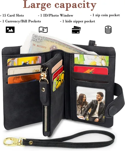 Vista 2 de CONISY Billeteras pequeñas de pulsera para mujer, billetera de cuero plegable RFID con ventana de identificación y cremallera Small, Bifold, RFID