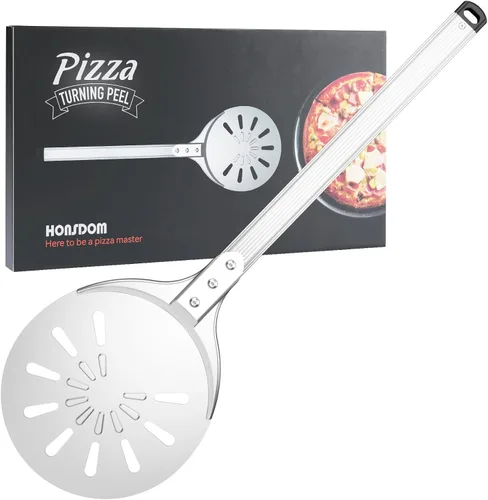 Vista 10 de Pala de pizza de 12 pulgadas, pala grande de aluminio para pizza con mango ergonómico largo y superficie antiadherente perforada, accesorios