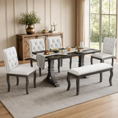 Vista 32 de Juego de mesa de comedor de 6 piezas con banco y 4 sillas Negro Beige-1