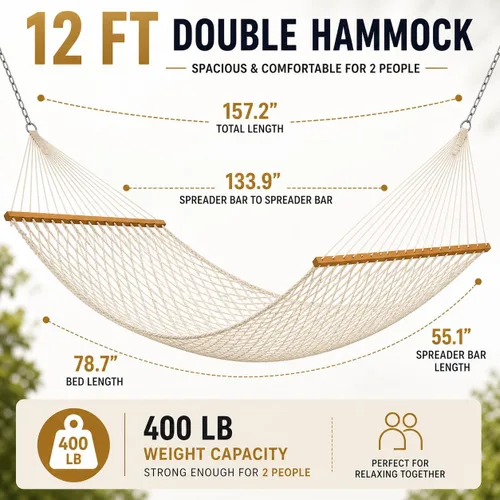 Vista 4 de Hamaca de doble cuerda con barras separadoras de madera dura, hamaca de cuerda de algodón para exteriores, patio, campamento, árboles, 2 personas