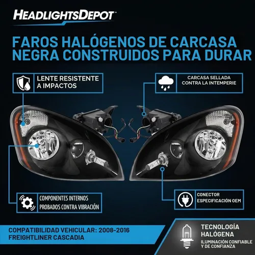 Vista 3 de HEADLIGHTSDEPOT Faros delanteros halógenos de carcasa negra compatibles con Freightliner Cascadia 2008-2016, incluye faros delanteros izquierdo