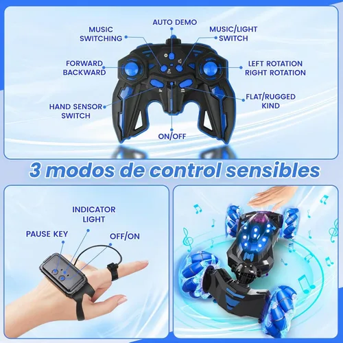 Vista 5 de Coche Acrobático RC con Sensor de Gestos, 4WD Drift Controlado a Mano con Giros de 360°, Truco de Luces y Música, Coche de Juguete es un Genial Azul