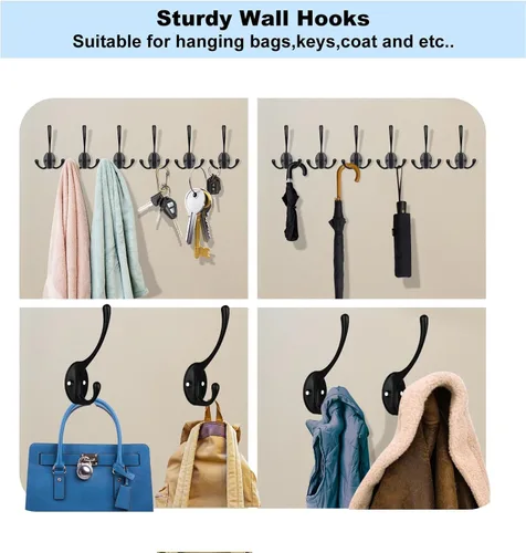 Vista 5 de Kruodop 10 Piezas Ganchos para Abrigos Ganchos de Pared para Colgar Trabajo Pesado, Ganchos para Toallas Negros Montados en la Pared, Colgador