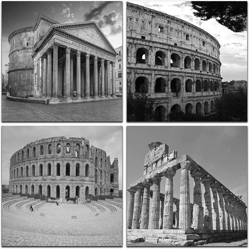 Vista 10 de NAN Wind Moderno lienzo de 4 paneles de arquitecturas en blanco y negro de giclée, pinturas de paisajes en lienzo de edificios de Roma, pinturas