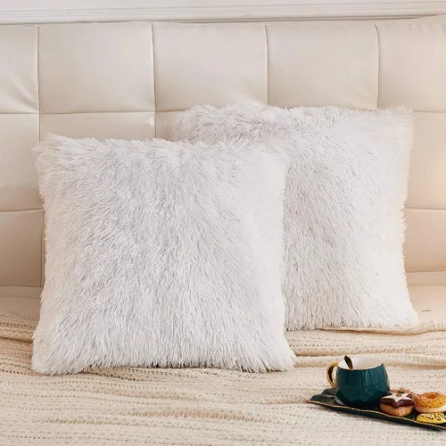 Vista 24 de LIFEREVO Paquete de 2 fundas de almohada de piel sintética, serie de lujo decorativa para el hogar de felpa peluda, funda de almohada peluda súper