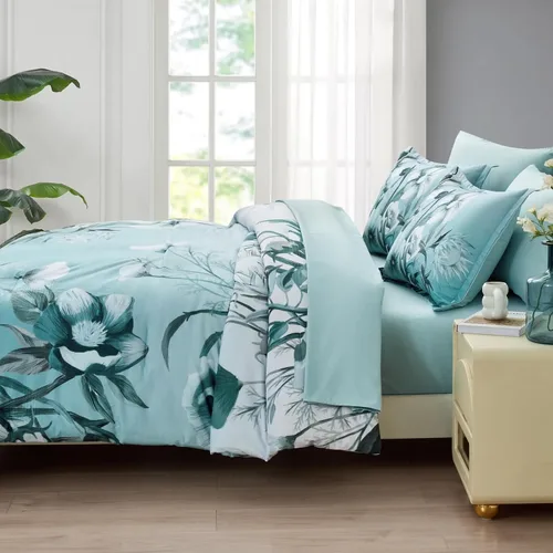 Vista 5 de Luxudecor Juego de edredón floral tamaño individual de 7 piezas, cama de flores aguamarina en una bolsa, elegante edredón floral degradado con juego