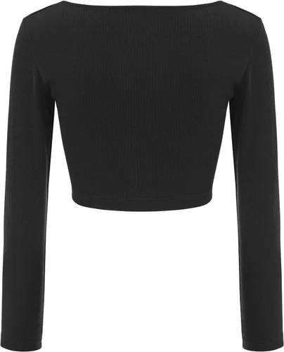 Vista 7 de Long Sleeve Crop Tops for Women Boat Neck Slim Full Zip Up Fitted Kintted Plain Fall Tshirts Tee Bottoming Rib Knit Spring