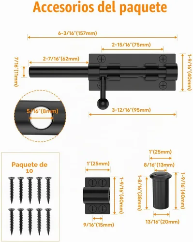 Vista 6 de Pestillo de perno de barril, cerrojo deslizante de 6 pulgadas, negro, 1 paquete Heavy Duty 304 Stainless Steel Door Latch, Gate Bolt Lock for Barn
