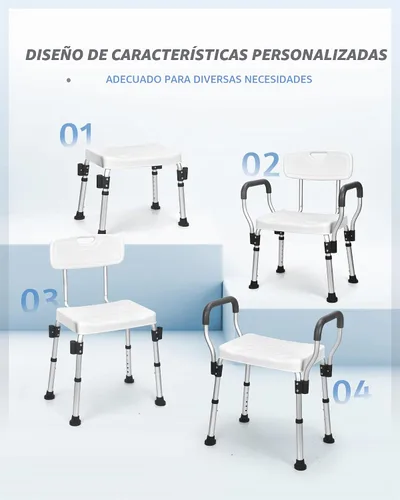 Vista 7 de Sangohe Silla de ducha, asiento de ducha resistente con respaldo, brazos, altura ajustable, ideal para bañera, discapacitados, ancianos, 796C