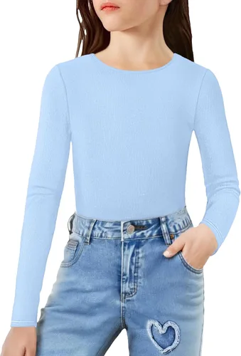 Vista 14 de Arshiner Camisas de punto acanalado de manga larga para niñas, suaves, ajustadas, cuello redondo, casual, capa base Blanco