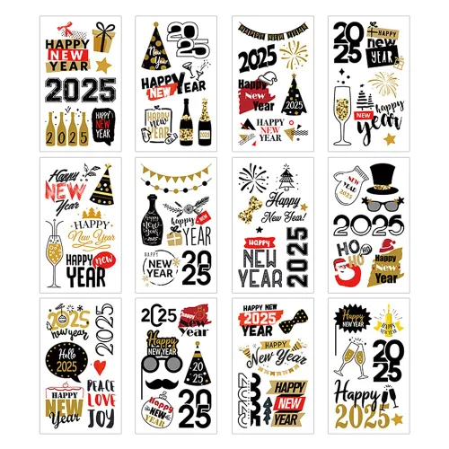 Vista 4 de 65 piezas de suministros para fiesta de Año Nuevo, 12 hojas de calcomanías de tatuajes temporales, decoraciones de feliz año nuevo, decoración NYE