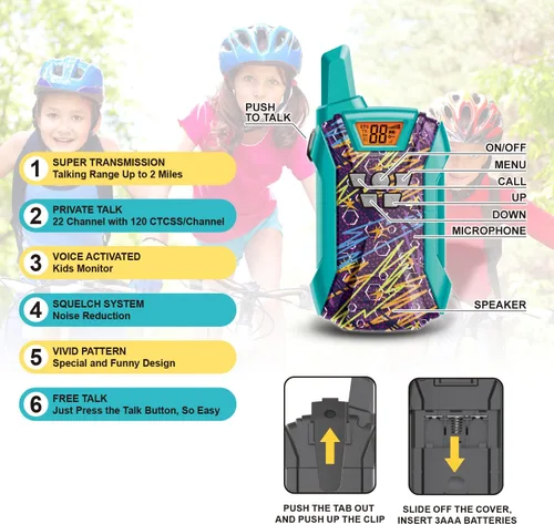 Vista 2 de Walkie Talkies para niños, 22 canales de largo alcance Walkie Talkies para niños y niñas de 4 a 12, juguete de radio de 2 vías, juguetes