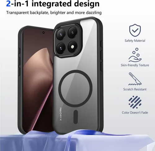 Vista 360 de Funda magnética transparente compatible con Xiaomi 17T, color negro 2 en 1 PC + TPU cubierta de teléfono a prueba de golpes, carcasa protectora
