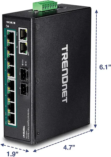 Vista 11 de TRENDnet Conmutador industrial Gigabit PoE+ de 10 puertos, 8 puertos Gigabit PoE+, Montaje en carril DIN, 2 ranuras SFP, Presupuesto de alimentación