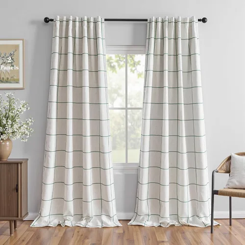 Vista 19 de MYSKY HOME Cortinas de Lino a Cuadros 100% Opacas de 45 Pulgadas de Largo de Doble Capa Estilo Granja con Aislamiento Térmico Estampado a Cuadros