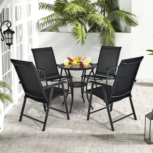 Vista 4 de Tangkula Juego de 2 sillas plegables para patio, sillas de comedor de tela para exteriores con respaldo alto y reposabrazos, marco de metal Negro