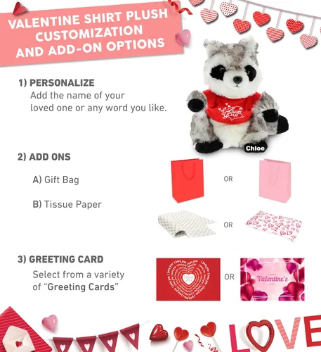 Vista 2 de DolliBu Mapache de peluche con texto en inglés "I Love You", bonito animal de peluche con camisa roja y nombre, regalo personalizado para el día