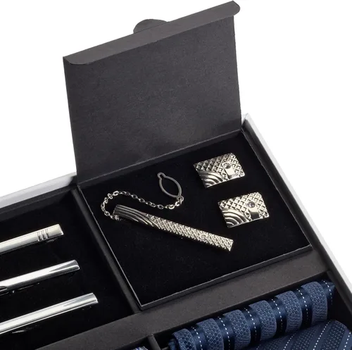 Vista 9 de Juego de corbata de regalo para hombre, corbata sedosa, bolsillo cuadrado, clips de corbata, gemelos para hombres