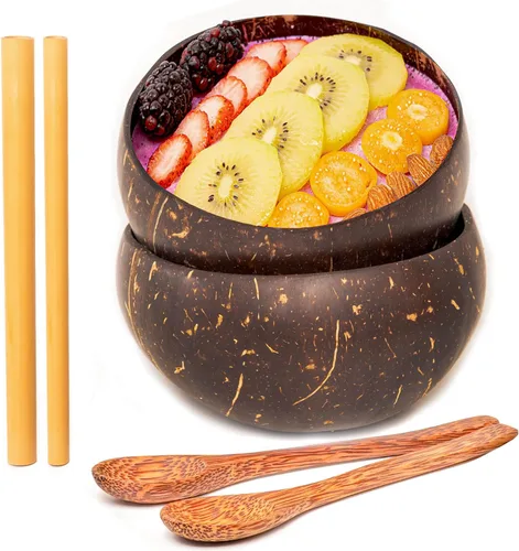 Vista 11 de Rainforest Bowls Juego de 4 pequeños cuencos originales de coco, 4 cucharas de madera y 4 popotes de bambú reutilizables, 100% naturales, tallados a
