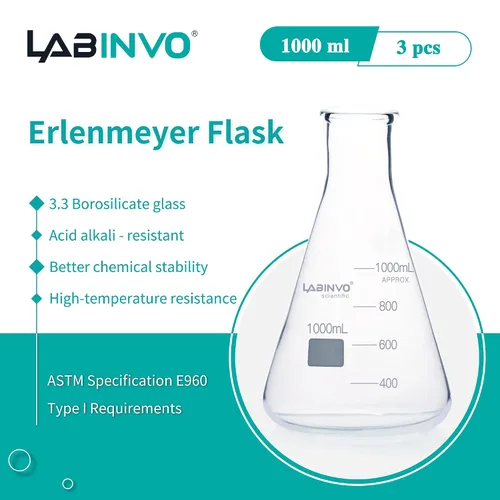 Vista 2 de Frasco Erlenmeyer de vidrio de 33.8 fl oz, frasco cónico graduado de boca estrecha con punto de marcado, juego de 3 frasco de vidrio de borosilicato
