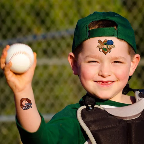 Vista 4 de 144 piezas de tatuajes temporales de béisbol, sóftbol, temática deportiva, impermeables, tatuajes temporales, suministros de decoración para fiestas