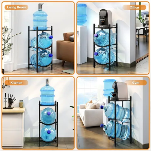 Vista 4 de TC-HOMENY Soporte para jarra de agua de 5 galones, estante de 3 niveles para dispensador, soporte organizador para hogar y oficina (negro)