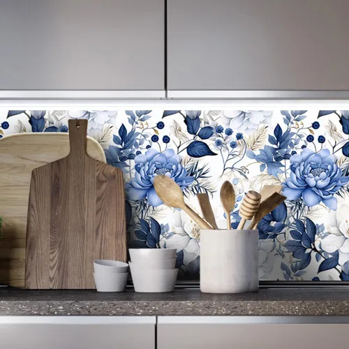 Vista 6 de Booming Peony - Papel tapiz floral de peonía para despegar y pegar - Papel tapiz autoadhesivo removible de hojas azul/blanco - Mural decorativo