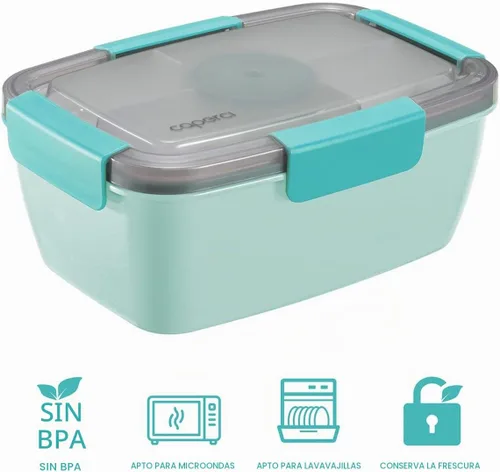 Vista 2 de Caperci Recipiente grande para ensalada para el almuerzo, lonchera Bento para adultos de 68 onzas, bandeja de 5 compartimentos, 2 tazas de salsa