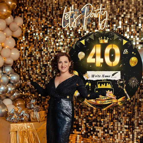 Vista 7 de Letrero luminoso de feliz cumpleaños de 40 años, decoración de fiesta para hombres, fondo de cumpleaños LED negro y dorado, carpa redonda, cartón