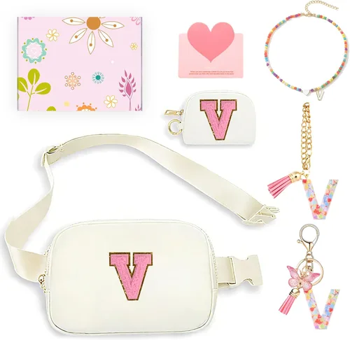 Vista 34 de Regalos de moda para niñas adolescentes, cangurera con monograma para niña con llavero, collar, dijes de taza, tarjeta de felicitación y caja