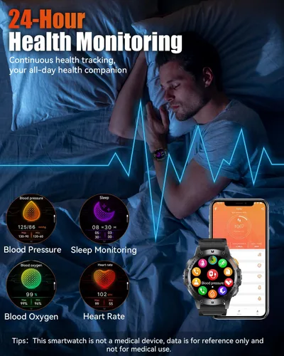 Vista 5 de Relojes inteligentes militares para hombre con llamada Bluetooth, reloj inteligente AMOLED impermeable de 1.43 pulgadas con linterna, 111 modos