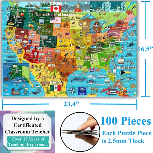 Vista 4 de Think2Master Rompecabezas colorido de 100 piezas con mapa de Estados Unidos y mapa de Europa de 100 piezas. Divertido juguete educativo para niños