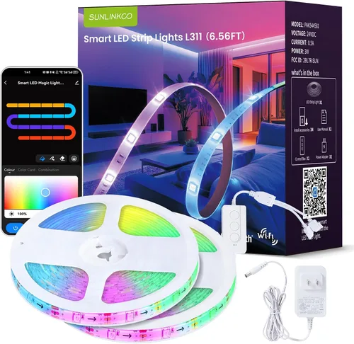 Vista 9 de Tira de luces LED RGB+IC, luz LED Bluetooth inteligente para dormitorio, tiras LED que cambian de color con 44 modos de escena (6.6 pies)