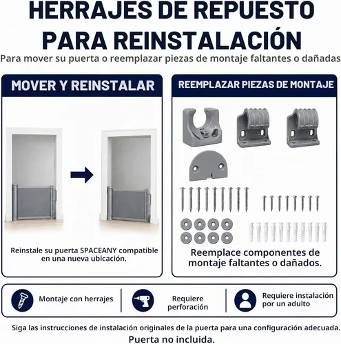 Vista 6 de SPACEANY Kit de piezas de repuesto retráctil para puerta de bebé, accesorios oficiales para puertas de seguridad SPACEANY - Incluye montaje de Gris