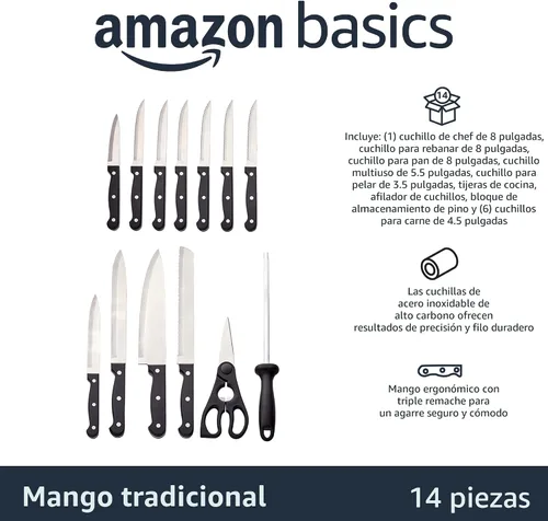 Vista 2 de Amazon BasicsJuego de cuchillos de cocina de 14 piezas, cuchillas de acero inoxidable de alto carbono con bloqueo de madera de pino, negro