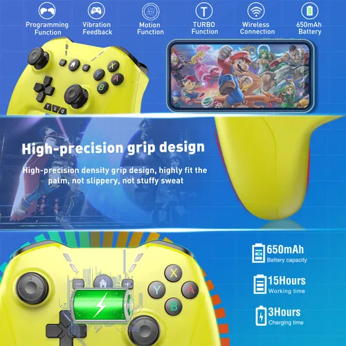 Vista 4 de Bluetooth Controller for SwitchMacPCSteamMobile PhoneiOSAndroidTViPadTableApple Arcade MFi Games, Switch Pro Controller Wireless with Adjustable