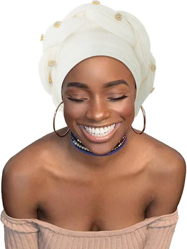Vista 7 de Woeoe Turbante africano para mujer, gorro trenzado previamente atado, con diamantes de imitación, turbantes suaves y elásticos para la cabeza