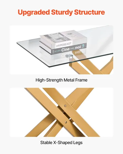 Vista 6 de VEVOR Mesa de comedor de cristal, moderna mesa de entrada rectangular con parte superior de vidrio templado y patas cruzadas de hierro, escritorio