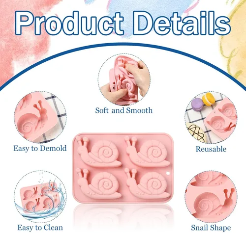 Vista 3 de 2 moldes de silicona en forma de caracol de 4 cavidades para chocolate para decoración de pasteles, gelatina, cubitos de hielo, golosinas